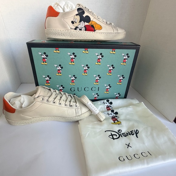 Gucci Shoes - PRE - LOVED: Gucci Cream Leather Mickey Sneakers with Orange Heel